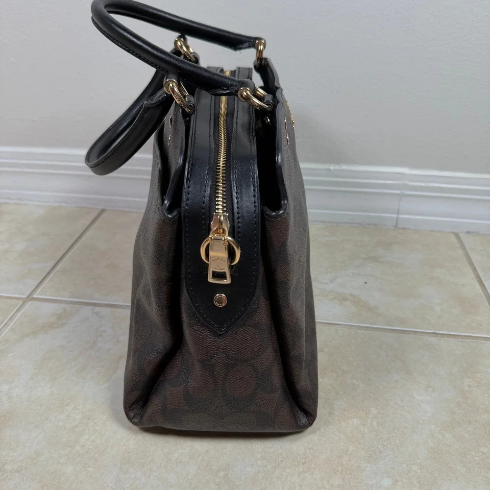 Coach Lillie Carryall Brown Black Signature Monogram Canvas Satchel F2177-91495